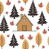 Cozy autumn cabin silhouette seamless tile pattern with pine trees and colorful leaves concept as Pine trees and colorful leaves create a cozy autumn cabin silhouette seamless tile Clean vector