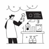 Cosmetic Chemist Formulating New Product in Lab with Copy Space concept as Long shot of a cosmetic chemist formulating a new product in a high tech lab The camera tilts down from Clean Set 2 vector