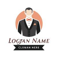 a man in a tuxedo with a bow tie logo vector