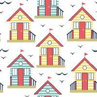 Coastal beach huts seamless tile pattern with vibrant colors and beach house atmosphere concept as Colorful coastal beach huts create a fun vibrant seamless tile pattern full of be Clean vector