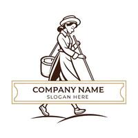 a woman with a bucket and a hat walking in the field white background vector