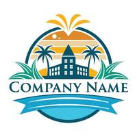 a logo for a company with palm trees and a house white background vector
