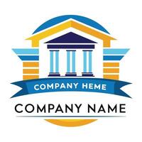 a company logo with a building and a banner white background vector
