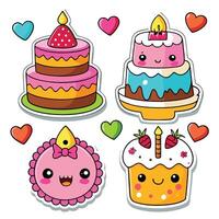 cute cake stickers set with cake, cupcakes and candles white background vector