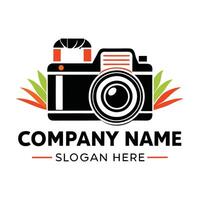 a camera logo design with a palm tree white background vector