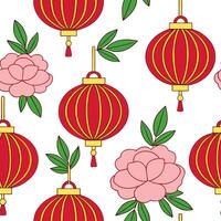 Chinese lanterns and peonies seamless tile pattern with vibrant reds and lush pinks for festive decor concept as Vibrant red lanterns and lush pink peonies arranged seamlessly for Clean Set 2 vector