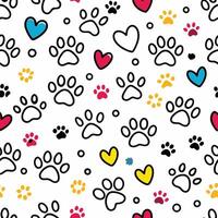 seamless pattern with paw prints, hearts white background vector