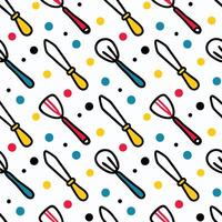seamless pattern with kitchen utensils and polka dots white background vector