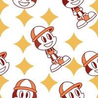 Cartoon style retro seamless tile pattern featuring playful characters and bold vintage colors concept as Playful cartoon inspired characters and bold vintage colors create seamles Clean vector