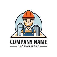a construction worker logo with a building in the backgroun white backgroundd vector