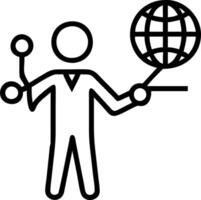 Businessman holds global network connection icons showing big data analytics and business intelligence with world map points and lines representing global business and digital link Clean vector