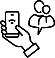 Businessman holds mobile smartphone with contact icons mail phone email symbolizes customer support and workplace connectivity concept as Highlights seamless communication tools Clean vector