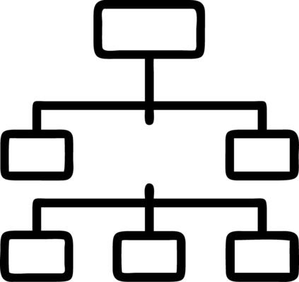 Business workflow automation system displays hierarchical data diagram of departments representing process management digital transformation and business organization structure co Clean