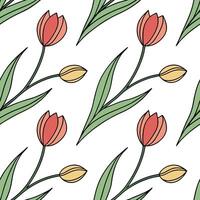 Blossoming tulips seamless tile pattern with fresh green stems and colorful petals symbolizing growth concept as Fresh green stems and colorful tulip petals create a seamless sprin Clean vector