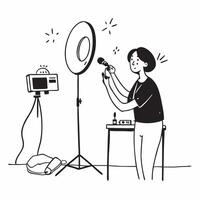 Beauty Blogger Reviewing Blush with Ring Light in Home Studio with Copy Space concept as Mid shot of a beauty blogger reviewing a blush product under a ring light in a well lit hom Clean Set 2 vector