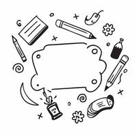 Backpacks Border with Notebooks and Ready for School Wording concept as A cheerful border frame featuring colorful backpacks notebooks and pencils The words Ready for School are p Clean Set 6 vector