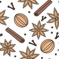 Autumn spices seamless tile pattern with cinnamon sticks nutmeg and cloves in warm tones concept as Cinnamon sticks nutmeg and cloves in warm tones create an autumn spices seamless Clean vector