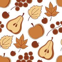 Autumn harvest fruits seamless tile pattern with apples pears and grapes in warm tones concept as Apples pears and grapes in warm tones create an autumn harvest fruits seamless til Clean vector