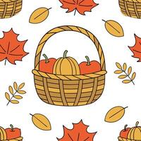 Autumn harvest basket seamless tile pattern with fruits vegetables and fall accents concept as Fruits vegetables and fall accents in a harvest basket create a seamless autumn tile Clean Set 2 vector