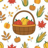 Autumn harvest basket seamless tile pattern with fruits vegetables and fall accents concept as Fruits vegetables and fall accents in a harvest basket create a seamless autumn tile Clean vector