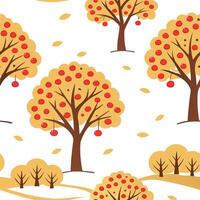Autumn apple orchard seamless tile pattern with ripe apples trees and fall foliage concept as Ripe apples trees and fall foliage create an autumn apple orchard seamless tile patter Clean vector