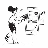 Woman Checking Account Balance concept as A woman checking her account balance using a mobile banking app set against a plain background with ample copy space in Photo Stock Conce Clean vector