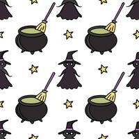 Witches and cauldrons seamless tile pattern with magical elements and dark colors for enchanting Halloween decor concept as Magical witches and bubbling cauldrons arranged seamless Clean vector
