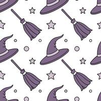 Witch hats and broomsticks seamless tile pattern with mystical elements and purple tones for magical home decor concept as Mystical witch hats and broomsticks arranged seamlessly w Clean vector