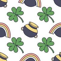 Whimsical pots of gold and clovers seamless tile pattern with vibrant rainbow accents concept as Vibrant rainbow accents highlight whimsical pots of gold and clovers in seamless ti Clean vector