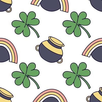 Whimsical pots of gold and clovers seamless tile pattern with vibrant rainbow accents concept as Vibrant rainbow accents highlight whimsical pots of gold and clovers in seamless ti Clean