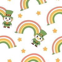 Whimsical leprechauns and rainbow seamless tile pattern with playful festive colors concept as Playful festive colors highlight whimsical leprechauns amidst rainbows in seamless ti Clean vector
