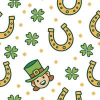 Whimsical leprechauns and lucky horseshoes seamless tile pattern with playful accents concept as Playful accents highlight whimsical leprechauns and lucky horseshoes in seamless ti Clean vector