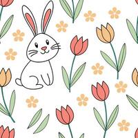 Whimsical Easter rabbits and tulips seamless tile pattern with playful spring elements concept as Playful spring elements like whimsical Easter rabbits and tulips create seamless t Clean vector