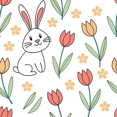 Whimsical Easter rabbits and tulips seamless tile pattern with playful spring elements concept as Playful spring elements like whimsical Easter rabbits and tulips create seamless t Clean