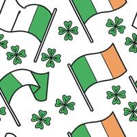 Whimsical Irish flags and clovers seamless tile pattern with vibrant green accents concept as Vibrant green accents highlight whimsical Irish flags intertwined with clovers in seam Clean vector
