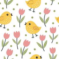 Whimsical Easter chicks and tulips seamless tile pattern with playful spring hues concept as Playful spring hues highlight whimsical Easter chicks and tulips in seamless tile patte Clean vector