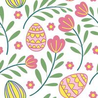Whimsical Easter eggs and spring flowers seamless tile pattern with vibrant colors concept as Vibrant colors highlight whimsical Easter eggs intertwined with spring flowers in seam Clean vector