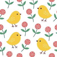 Whimsical Easter chicks and roses seamless tile pattern with playful spring colors concept as Playful spring colors highlight whimsical Easter chicks and roses in seamless tile pat Clean vector