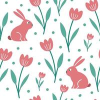 Whimsical Easter bunnies and tulips seamless tile pattern with playful spring colors concept as Playful spring colors highlight whimsical Easter bunnies and tulips in seamless tile Clean vector