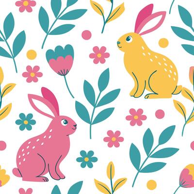 Whimsical Easter bunny and floral arrangement seamless tile pattern with vibrant spring hues concept as Vibrant spring hues highlight whimsical Easter bunnies amidst floral arrange Cleans