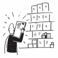 Warehouse Clerk with Inventory List and Shelves in Magical Warehouse concept as Long shot of a warehouse clerk with an inventory list in front of towering shelves in a magical ware Clean vector