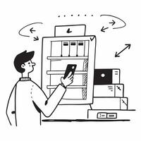 Warehouse Supervisor with Digital Clipboard and Shelves in High Tech Warehouse concept as Long shot of a warehouse supervisor using a digital clipboard while overseeing inventory o Clean vector