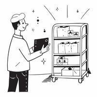 Warehouse Manager with Inventory Software and Pallet Jack in Magical Warehouse concept as Mid shot of a warehouse manager using inventory software on a tablet while operating a pal Clean vector