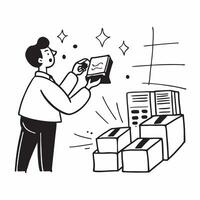 Warehouse Assistant with Barcode Scanner and Inventory List in Enchanted Warehouse concept as Wide shot of a warehouse assistant using a barcode scanner and checking an inventory l Clean Set 2 vector