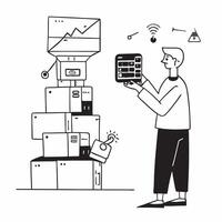Warehouse Manager with Inventory Scanner and Shelves in Futuristic Warehouse concept as Mid shot of a warehouse manager using an inventory scanner with towering shelves in a futuri Clean vector