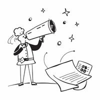 Visionary with Telescope and Plan concept as A visionary using a telescope and reviewing a plan set against a whimsical background offering ample space for text or graphics symboli Clean vector