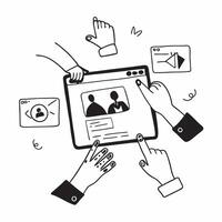 Virtual team collaborating on a digital platform concept as A illustration of a virtual team collaborating on a digital platform using a 3 color scheme to emphasize remote t Clean Set 2 vector
