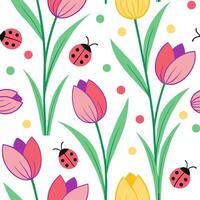 Vibrant Easter tulips and ladybugs seamless tile pattern with colorful spring accents concept as Colorful spring accents with vibrant Easter tulips and ladybugs create seamless til Clean Set 2 vector