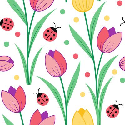 Vibrant Easter tulips and ladybugs seamless tile pattern with colorful spring accents concept as Colorful spring accents with vibrant Easter tulips and ladybugs create seamless til Clean Set 2