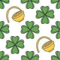 Vibrant shamrocks and pots of gold seamless tile pattern with festive accents concept as Festive accents highlight vibrant shamrocks and pots of gold in seamless tile pattern in P Clean vector